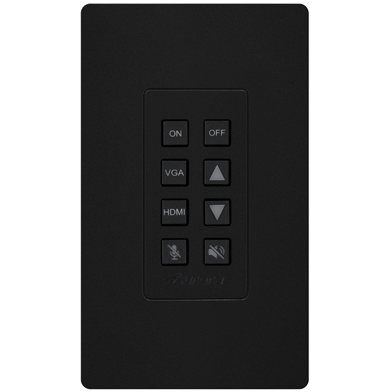 Aurora 8-button 1-gang backlit button control pad with serial, IR, and Ethernet control ports