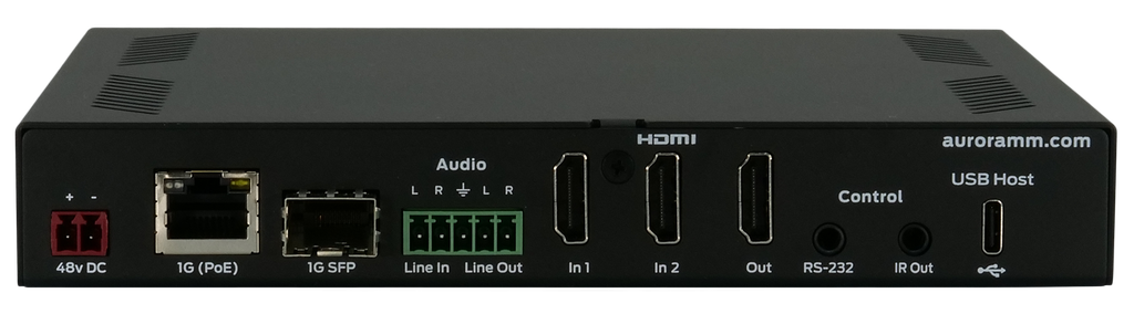 Aurora Next-gen 4K60 4:4:4 1Gbps AV-over-IP transceiver box utilizing Aurora’s Mimix™ CODEC technology (copper+SFP slot)