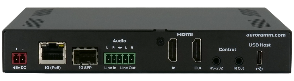 Next-gen 4K30 4:4:4 1Gbps AV-over-IP transceiver box utilizing Aurora’s Mimix™ CODEC technology (copper+SFP slot)