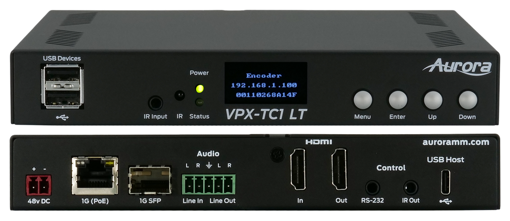 Next-gen 4K30 4:4:4 1Gbps AV-over-IP transceiver box utilizing Aurora’s Mimix™ CODEC technology (copper+SFP slot)