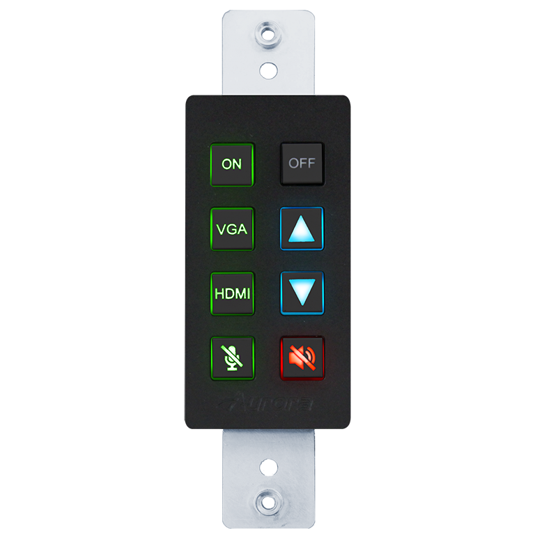 8-button 1-gang backlit button control pad with serial, IR, and Ethernet control ports