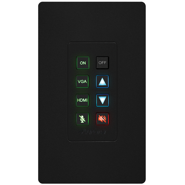 8-button 1-gang backlit button control pad with serial, IR, and Ethernet control ports
