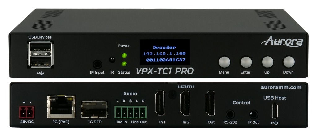 Aurora Next-gen 4K60 4:4:4 1Gbps AV-over-IP transceiver box utilizing Aurora’s Mimix™ CODEC technology (copper+SFP slot)